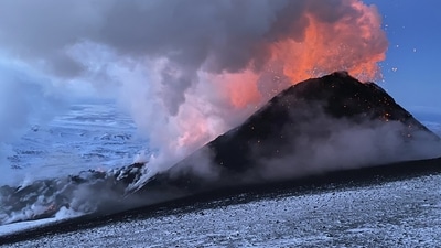 Russia’s Shivulech Volcano: Flames and smoke billowing during the Klyuchevskaya volcano's eruption on the Kamchatka Peninsula in Russia. (AP File) Russia’s Shivulech Volcano: Flames and smoke billowing during the Klyuchevskaya volcano's eruption on the Kamchatka Peninsula in Russia. (AP File)