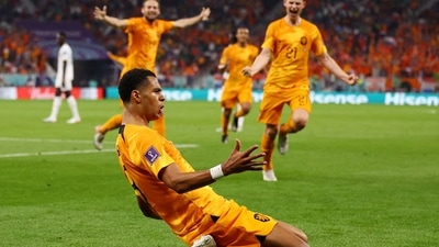 FIFA World Cup 2022: Netherlands' Cody Gakpo celebrates scoring their first goal vs Senegal. (REUTERS)