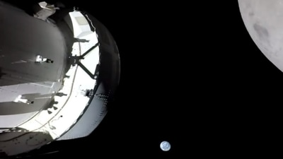 In this picture Orion spacecraft, Earth, Moon is visible from left to right. (European Space Agency/ Twitter)