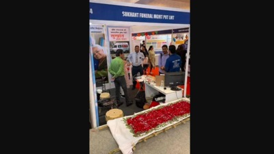 The image shows a stall of a Mumbai-based startup providing funeral services  at a trade fair. (Screengrab)