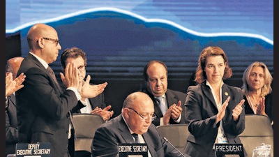 Delegates applaud as COP27 President Sameh Shoukry delivers a statement during the closing plenary at the COP27 climate summit in Red Sea resort of Sharm el-Sheikh, Egypt, November 20, 2022 (REUTERS) Delegates applaud as COP27 President Sameh Shoukry delivers a statement during the closing plenary at the COP27 climate summit in Red Sea resort of Sharm el-Sheikh, Egypt, November 20, 2022 (REUTERS)