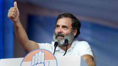 Rahul Gandhi addressing a public meeting in Gujarat’s Rajkot on Monday. (PTI) Rahul Gandhi addressing a public meeting in Gujarat’s Rajkot on Monday. (PTI)