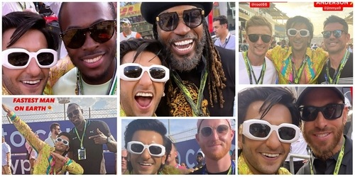 Ranveer Singh with Jofra Archer, Chris Gayle, Joe Root, James Anderson, Usain Bolt, Ben Stokes and Sergio Ramos. Ranveer Singh with Jofra Archer, Chris Gayle, Joe Root, James Anderson, Usain Bolt, Ben Stokes and Sergio Ramos.