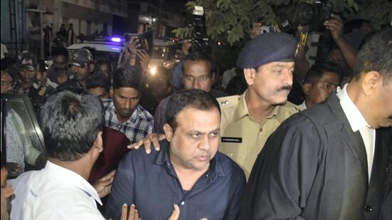 Nanda Kumar, accused in TRS MLAs poaching case, being produced before the Anti-Corruption Bureau court judge G Rajagopal at his residence in Hyderabad. (PTI)