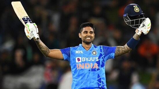 India's Suryakumar Yadav celebrates after scoring a century during the T20 cricket international between India and New Zealand at Bay Oval, Mount Maunganui, New Zealand, Sunday, Nov. 20, 2022. (AP)