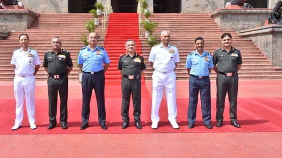 Chief of Defence Staff Gen Anil Chauhan with three services chiefs at NDA, Khadakvasla in Pune on October 22, 2022 