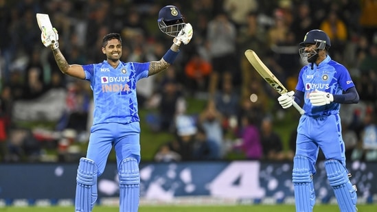 Suryakumar Yadav celebrates his century during the T20 cricket international between India and New Zealand at Bay Oval, Mount Maunganui, New Zealand(AP)