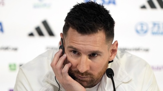 Argentina's Lionel Messi attends a press conference on the eve of the group C World Cup match against Saudi Arabia(AP)