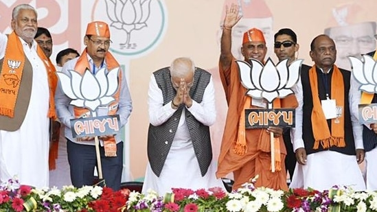 Prime Minister Narendra Modi spoke at three rallies in Surendranagar, Navsari and Jambusar as part of his campaign blitz in the final weeks of the election campaign. (ANI Photo)