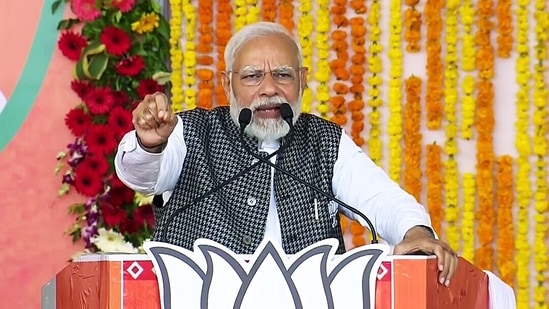 Prime Minister Narendra Modi addresses a public meeting for the upcoming Gujarat Assembly elections, at Jambusar, in Bharuch on Monday.(ANI)