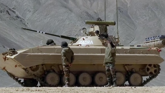 File photo: Soldiers of the Indian Army operating T-90 Bhishma tank near the Line of Actual Control in the Chumar-Demchok area of Eastern Ladakh. (ANI)