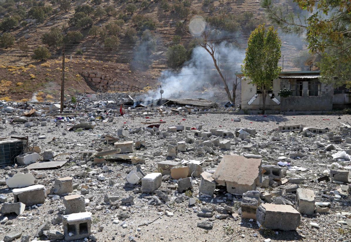 A partial view shows the aftermath of Iranian cross-border attacks in the area of Zargwez, where several exiled left-wing Iranian Kurdish parties maintain offices, around 15 kilometres from the Iraqi city of Sulaimaniyah on September 28, 2022. (Photo by AFP)