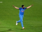 Mohammed Siraj celebrates the wicket of Mitchell Santner during the T20I in Napier(AP)