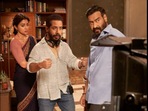 Abhishek Pathak with Ajay Devgn and Shriya Saran on the sets of Drishyam 2.