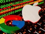 FILE PHOTO: 3D printed logos of Apple and Google are pictured on a keyboard in front of binary code in this illustration taken September 24, 2021. REUTERS/Dado Ruvic/Illustration/File Photo
