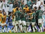 Saudi Arabia's Salem Al-Dawsari is congratulated after scoring his side's 2nd goal during the World Cup group C soccer match between Argentina and Saudi Arabia at the Lusail Stadium in Lusail, Qatar, Tuesday, Nov. 22, 2022. (AP Photo/Jorge Saenz) Saudi Arabia's Salem Al-Dawsari is congratulated after scoring his side's 2nd goal during the World Cup group C soccer match between Argentina and Saudi Arabia at the Lusail Stadium in Lusail, Qatar, Tuesday, Nov. 22, 2022. (AP Photo/Jorge Saenz)