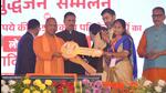 Ghaziabad, India - November 22 2022: Yogi Adityanath, Chief Minister of Uttar Pradesh seen during the launch of Construction and Development work of 480 buildings in Pratap Vihar under Prime Minister's Awas Yojana at Ramlila Maidan, Kavi Nagar in Ghaziabad , India on Tuesday, November 22. 2022. (Photo by Sakib Ali /Hindustan Times) Ghaziabad, India - November 22 2022: Yogi Adityanath, Chief Minister of Uttar Pradesh seen during the launch of Construction and Development work of 480 buildings in Pratap Vihar under Prime Minister's Awas Yojana at Ramlila Maidan, Kavi Nagar in Ghaziabad , India on Tuesday, November 22. 2022. (Photo by Sakib Ali /Hindustan Times)