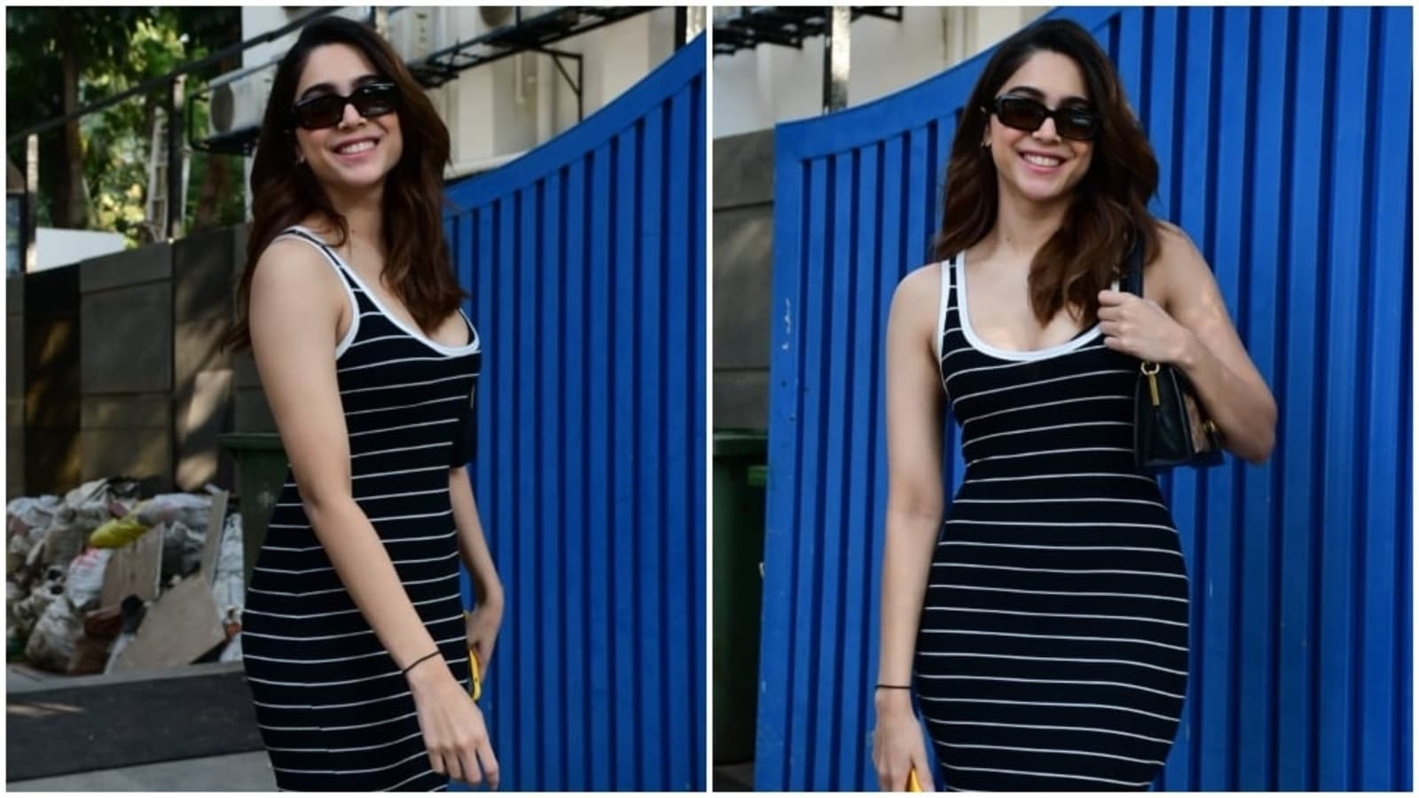 Sharvari Wagh smiles and poses for paparazzi in a striped black and white bodycon dress on an outing in Mumbai