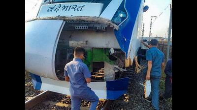 The Vande Bharat Express train, running between Mumbai Central and Gandhinagar, suffered damages after collision with cattle in Mumbai on October 29, 2022. (PTI Photo) The Vande Bharat Express train, running between Mumbai Central and Gandhinagar, suffered damages after collision with cattle in Mumbai on October 29, 2022. (PTI Photo)
