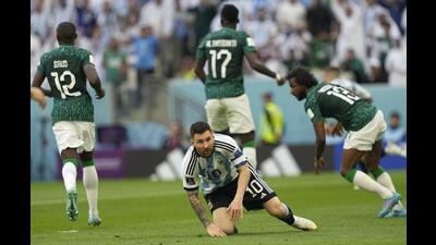 Lionel Messi reacts after losing possession against Saudi Arabia near Doha on Tuesday. (AP)