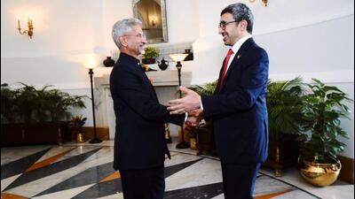 External affairs minister S Jaishankar with his UAE counterpart Sheikh Abdullah bin Zayed Al Nahyan (right) in Delhi on Tuesday. (Twitter Photo) External affairs minister S Jaishankar with his UAE counterpart Sheikh Abdullah bin Zayed Al Nahyan (right) in Delhi on Tuesday. (Twitter Photo)