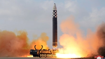 This photo provided on Nov. 19, 2022, by the North Korean government shows the test-firing of a missile at Pyongyang International Airport in Pyongyang, (AP) This photo provided on Nov. 19, 2022, by the North Korean government shows the test-firing of a missile at Pyongyang International Airport in Pyongyang, (AP)