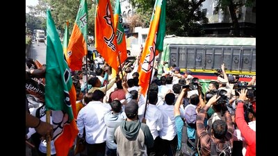 On November 18, workers of the BJP barged into the Congress’s Pune city headquarters and attempted to blacken the photographs of party leader Rahul Gandhi to protest against his remarks on late Hindutva ideologue VD Savarkar. (HT FILE PHOTO) On November 18, workers of the BJP barged into the Congress’s Pune city headquarters and attempted to blacken the photographs of party leader Rahul Gandhi to protest against his remarks on late Hindutva ideologue VD Savarkar. (HT FILE PHOTO)