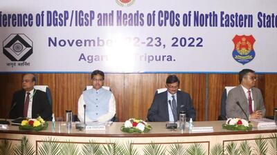 Tripura chief minister Dr. Manik Saha addressed the inaugural session of a two-day interstate conference of high ranking police officials of the northeastern states at the Pragna Bhawan in Agartala on Tuesday. (Twitter/Dr Manik Saha)