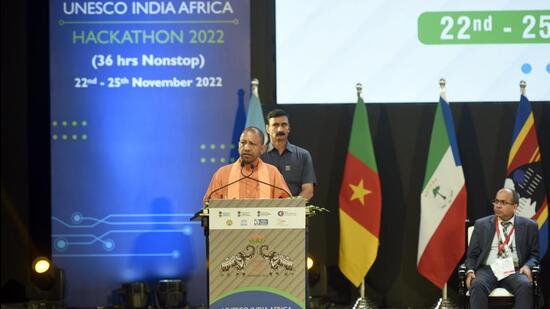 Greater Noida, India- November 22, 2022: Uttar Pradesh Chief Minister Yogi Adityanath Addressing UNESCO India Africa Hackathon (UIA) at Gautam Buddha University, in Greater Noida, India, on Tuesday, November 22, 2022. (Photo by Sunil Ghosh / Hindustan Times) (Hindustan Times)