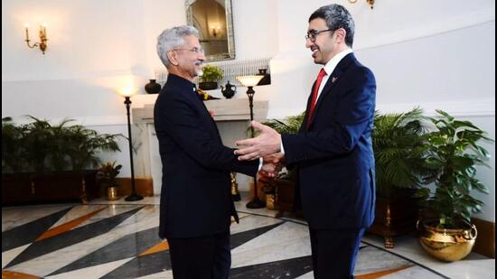 External affairs minister S Jaishankar with his UAE counterpart Sheikh Abdullah bin Zayed Al Nahyan (right) in Delhi on Tuesday. (Twitter Photo) External affairs minister S Jaishankar with his UAE counterpart Sheikh Abdullah bin Zayed Al Nahyan (right) in Delhi on Tuesday. (Twitter Photo)