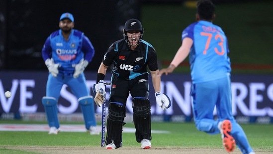 Mark Chapman calls to his teammate during the third T20I between New Zealand and India at McLean Park in Napier(AFP)