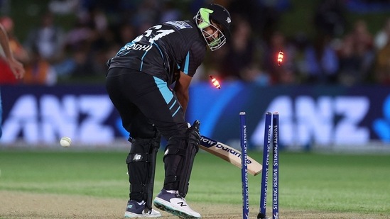 Ish Sodhi is bowled during the third T20I between New Zealand and India at McLean Park in Napier(AFP)