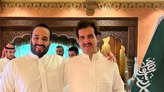 Crown Prince of Saudi Arabia Mohammed bin Salman and Prince Saud bin Salman pose for a photo as they celebrate after their country's soccer team defeated Argentina during the FIFA World Cup Qatar 2022, in Riyadh. (Via REUTERS)