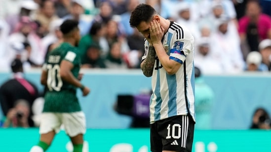 Lionel Messi reacts disappointed during the World Cup group C match between Argentina and Saudi Arabia at the Lusail Stadium(AP)