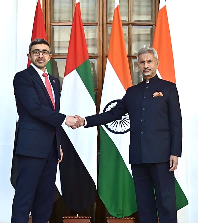 External Affairs Minister S Jaishankar meets with UAE Foreign Minister Abdullah bin Zayed Al Nahyan to exchange views on the global situation and various regional hotspots, in New Delhi on Tuesday. (Dr. S. Jaishankar Twitter) External Affairs Minister S Jaishankar meets with UAE Foreign Minister Abdullah bin Zayed Al Nahyan to exchange views on the global situation and various regional hotspots, in New Delhi on Tuesday. (Dr. S. Jaishankar Twitter)