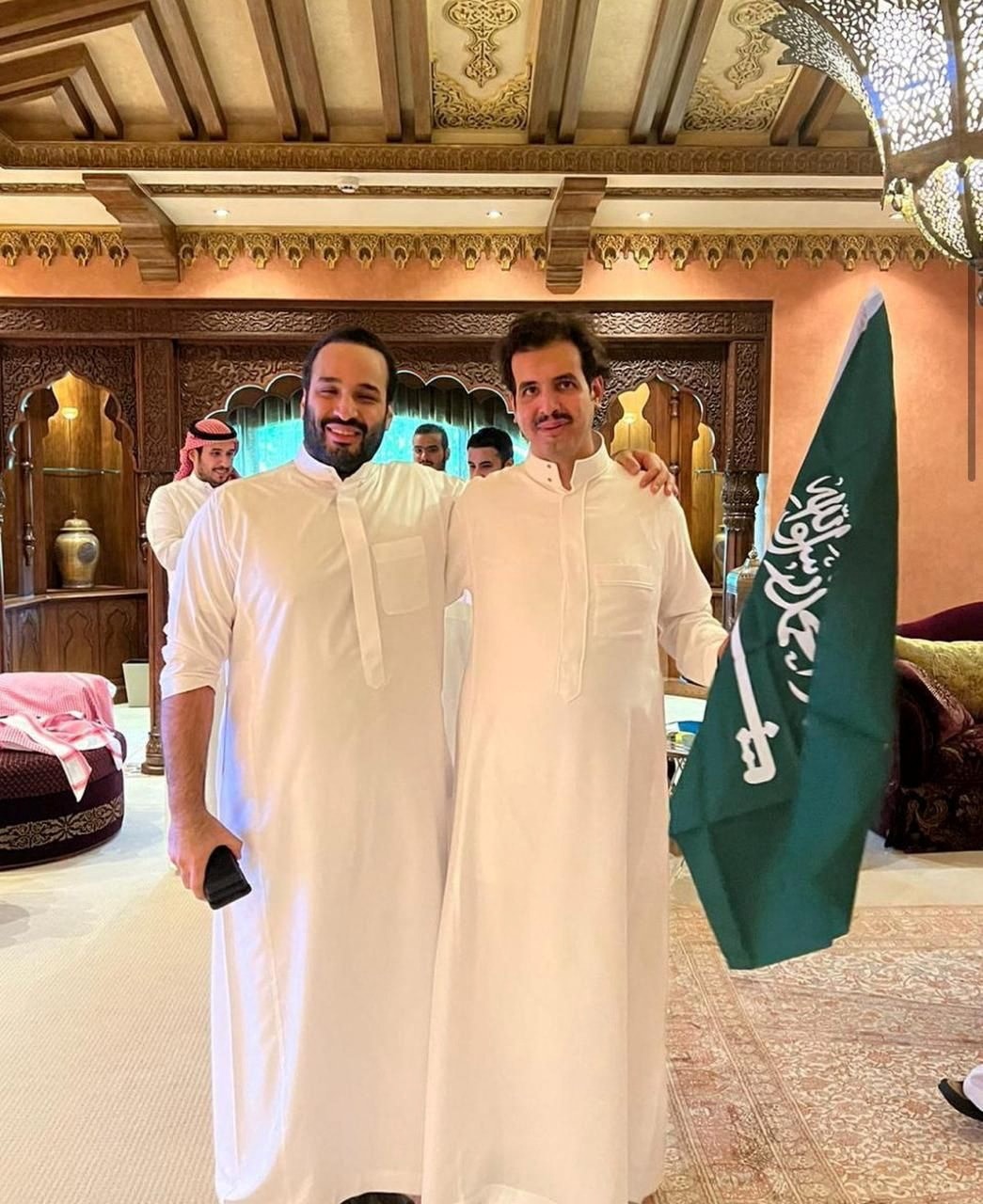 Crown Prince of Saudi Arabia Mohammed bin Salman and Prince Saud bin Salman pose for a photo as they celebrate after their country's soccer team defeated Argentina during the FIFA World Cup Qatar 2022, in Riyadh. (Via REUTERS)