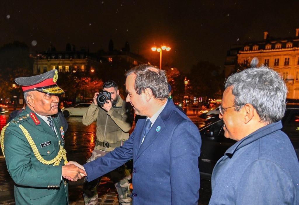 French Defence Minister Sebastien Lecornu greets visiting Indian Army Chief Gen Manoj Pandey at Arc de Triomphe ceremony on November 16 French Defence Minister Sebastien Lecornu greets visiting Indian Army Chief Gen Manoj Pandey at Arc de Triomphe ceremony on November 16