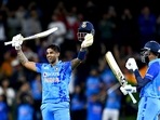 Suryakumar Yadav raises his bat after completing his century during the 2nd T20I against New Zealand(ICC Twitter) Suryakumar Yadav raises his bat after completing his century during the 2nd T20I against New Zealand(ICC Twitter)