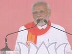 Prime Minister Narendra Modi addresses a rally in Mehsana in north Gujarat on Wednesday.(ANI)