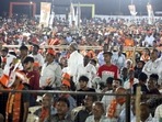 Supporters of Prime Minister Narendra Modi during a BJP public meeting ahead of Gujarat Assembly election in Bhavnagar. (PTI) Supporters of Prime Minister Narendra Modi during a BJP public meeting ahead of Gujarat Assembly election in Bhavnagar. (PTI)