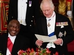 King Charles III:  South Africa's President Cyril Ramaphosa listens as Britain's King Charles III speaks during a State Banquet.