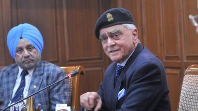 LT Gen TS Shergil (retd) and others interacting with media during the press conference of upcoming Military literature festival at Punjab Bhawan in Chandigarh on Wednesday. (Ravi Kumar/HT)