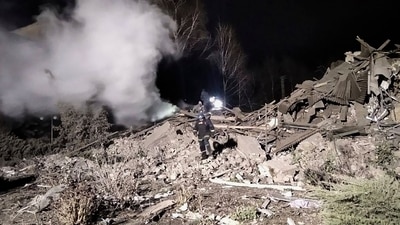 Russia-Ukraine War: Ukrainian firefighters work at damaged hospital maternity ward in Vilniansk, Zaporizhzhia. (AP) Russia-Ukraine War: Ukrainian firefighters work at damaged hospital maternity ward in Vilniansk, Zaporizhzhia. (AP)