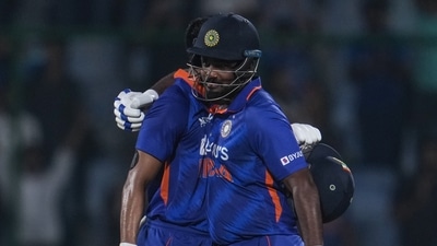 India's Shreyas Iyer, left, celebrates with teammate Sanju Samson (AP) India's Shreyas Iyer, left, celebrates with teammate Sanju Samson (AP)