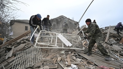 Rescuers work at the site of a maternity ward of a hospital destroyed by a Russian missile attack, as their attack on Ukraine continues, in Vilniansk, Zaporizhzhia region, Ukraine November 23.  (Representational image) (REUTERS)