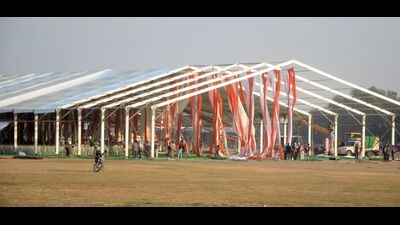 The venue of the CM’s public meeting at Parade ground in Prayagraj. (HT Photo)