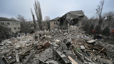 Rescuers work at the site of a maternity ward of a hospital destroyed by a Russian missile attack, as their attack on Ukraine continues. (REUTERS)