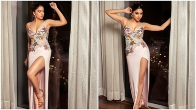 Earlier, Sharvari had posted pictures of her stunning avatar for attending the Filmfare Achievers Night in Dubai. The actor slipped into a heavily embellished strappy dress featuring a risqué thigh-high slit on the front and styled with a braided bun, strappy heels and bold makeup. (Instagram) Earlier, Sharvari had posted pictures of her stunning avatar for attending the Filmfare Achievers Night in Dubai. The actor slipped into a heavily embellished strappy dress featuring a risqué thigh-high slit on the front and styled with a braided bun, strappy heels and bold makeup. (Instagram)