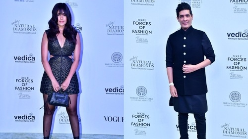 Mrunal Thakur and Manish Malhotra at the event. (Varinder Chawla) Mrunal Thakur and Manish Malhotra at the event. (Varinder Chawla)