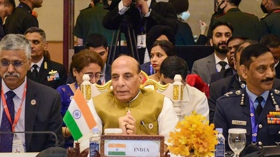 Defence minister Rajnath Singh during the ASEAN Defence Minister Meeting Plus (ADMM Plus), in Siem Reap, Cambodia. (PTI) Defence minister Rajnath Singh during the ASEAN Defence Minister Meeting Plus (ADMM Plus), in Siem Reap, Cambodia. (PTI)
